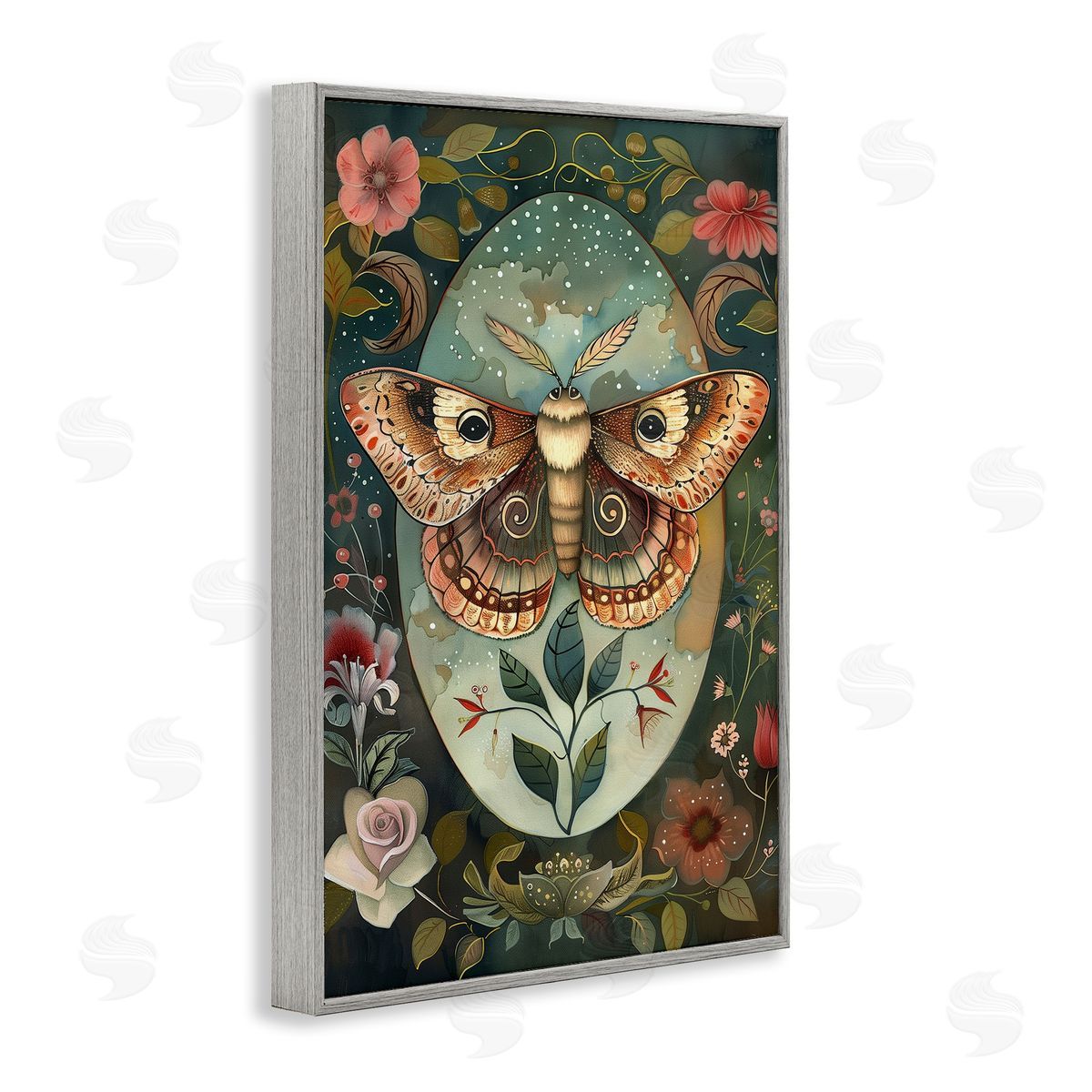 Moth with Blooming Florals Grey Frame Print Wall Art, Home Decor by The Dutch Lady