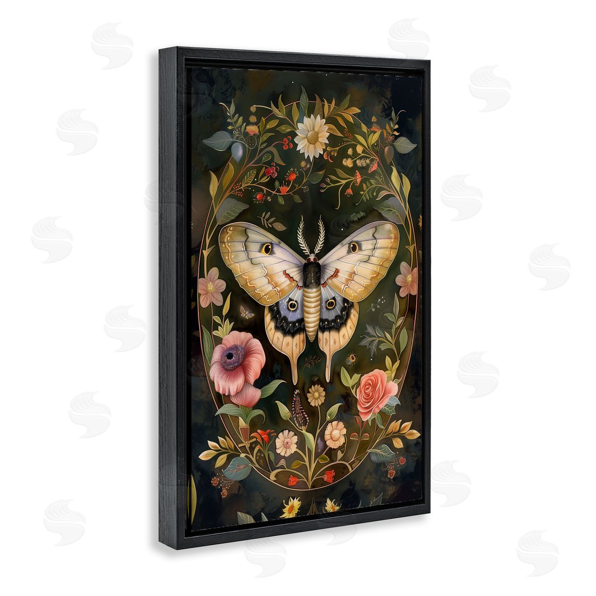 Victorian Botanicals & Moth Black Floating Frame Canvas Wall Art, Home Decor by The Dutch Lady