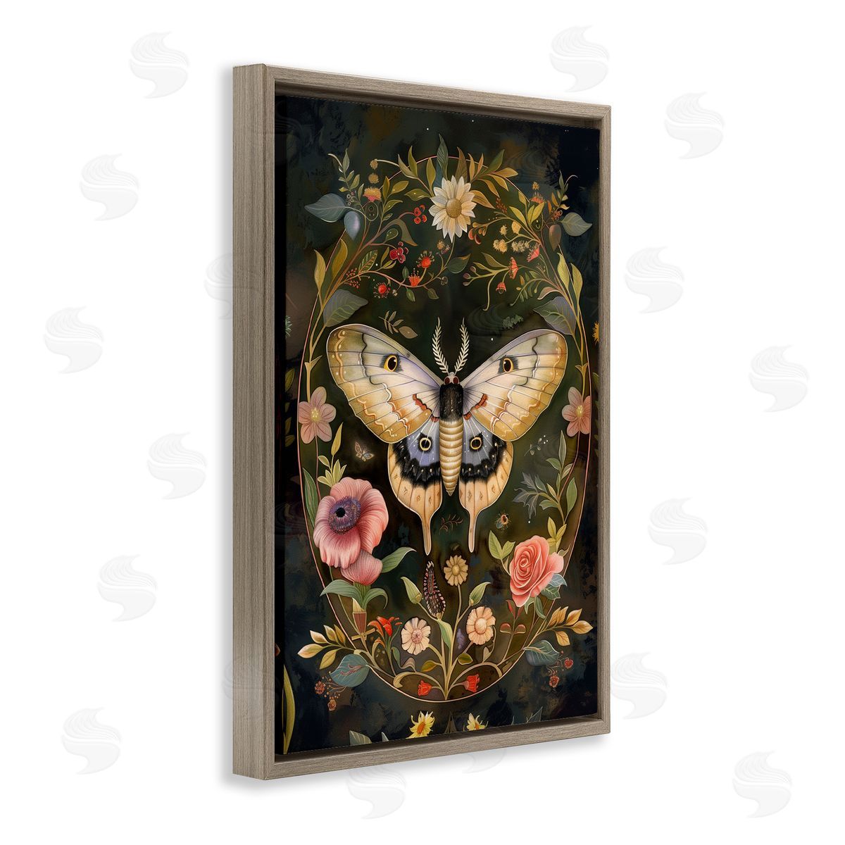 Victorian Botanicals & Moth Brown Floating Frame Canvas Wall Art, Home Decor by The Dutch Lady