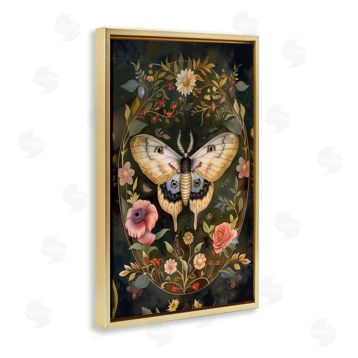 Victorian Botanicals & Moth Gold Floating Frame Canvas Wall Art, Home Decor by The Dutch Lady