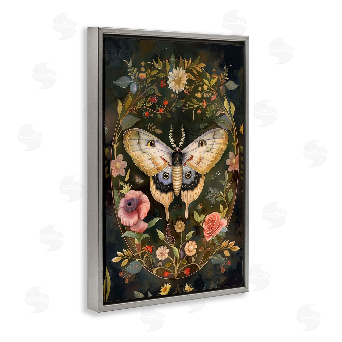 Victorian Botanicals & Moth Grey Floating Frame Canvas Wall Art, Home Decor by The Dutch Lady