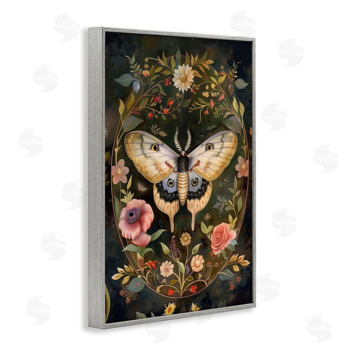 Victorian Botanicals & Moth Grey Frame Print Wall Art, Home Decor by The Dutch Lady