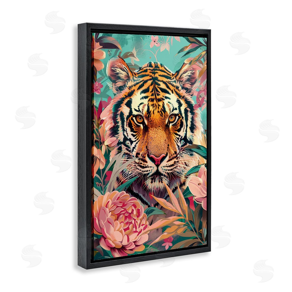 Fierce Tiger In Waiting Black Floating Frame Canvas Wall Art, Home Decor by LSR Design Studio