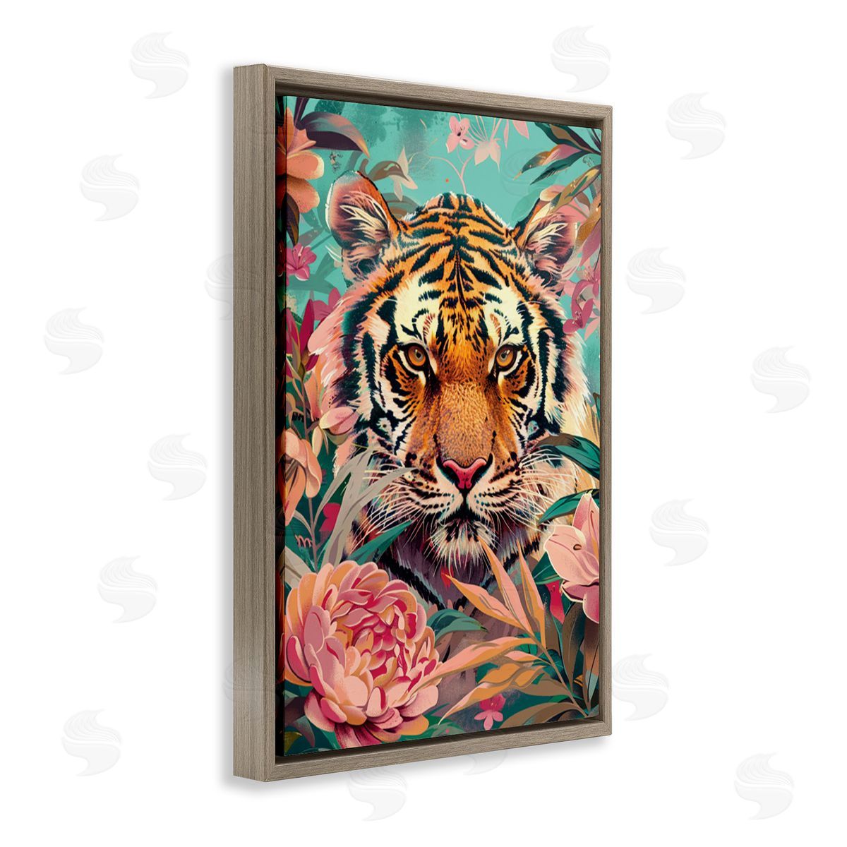 Fierce Tiger In Waiting Brown Floating Frame Canvas Wall Art, Home Decor by LSR Design Studio