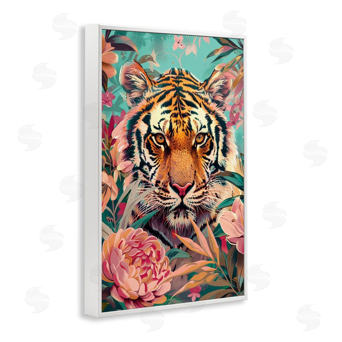 Fierce Tiger In Waiting White Frame Print Wall Art, Home Decor by LSR Design Studio