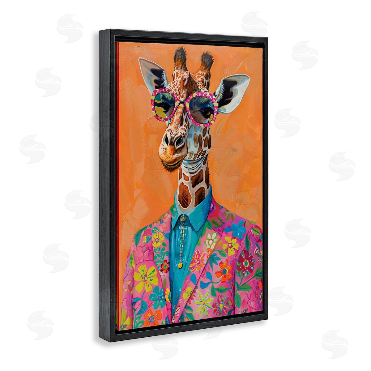 Bright & Trendy Giraffe in Suit Black Floating Frame Canvas Wall Art, Home Decor by LSR Design Studio