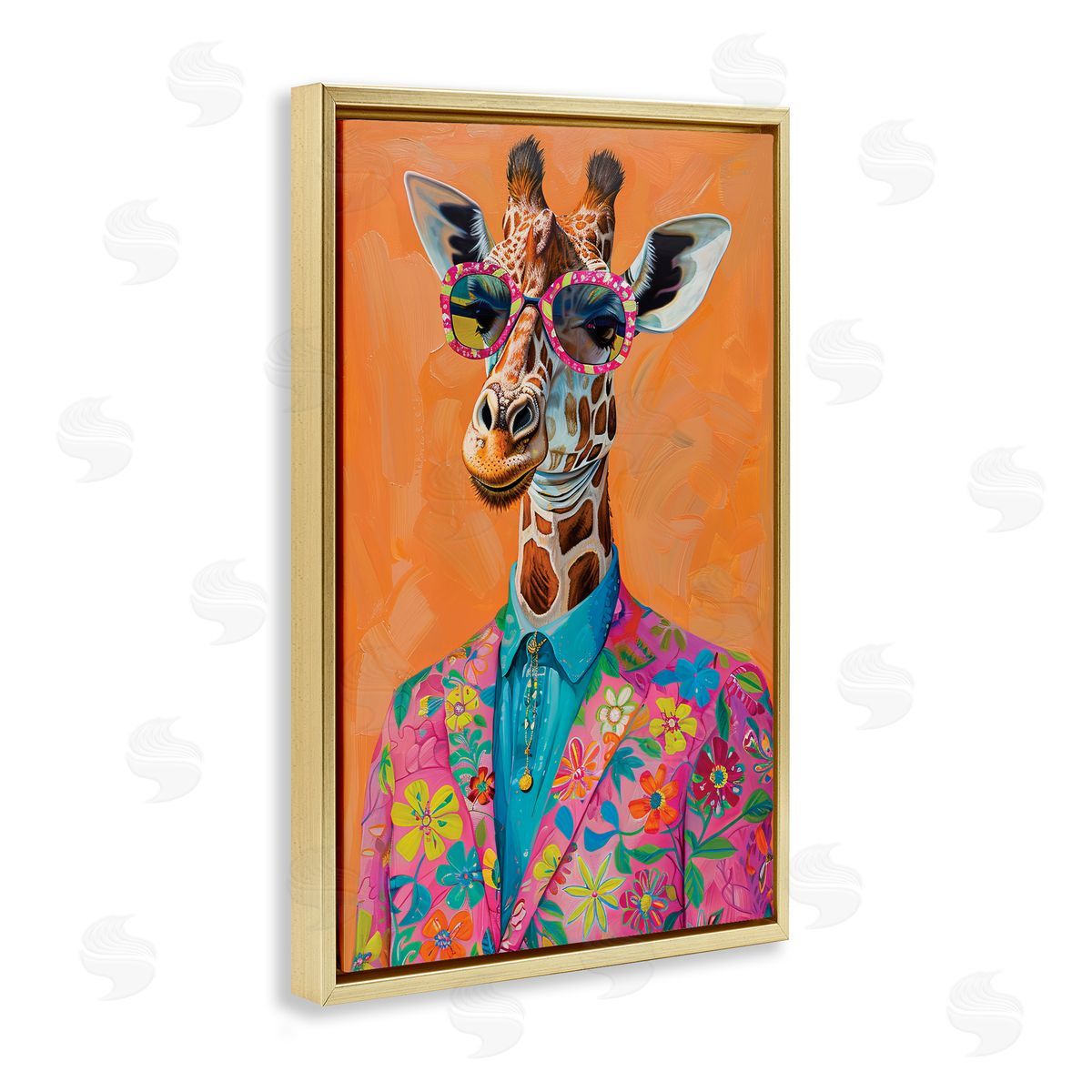 Bright & Trendy Giraffe in Suit Gold Floating Frame Canvas Wall Art, Home Decor by LSR Design Studio