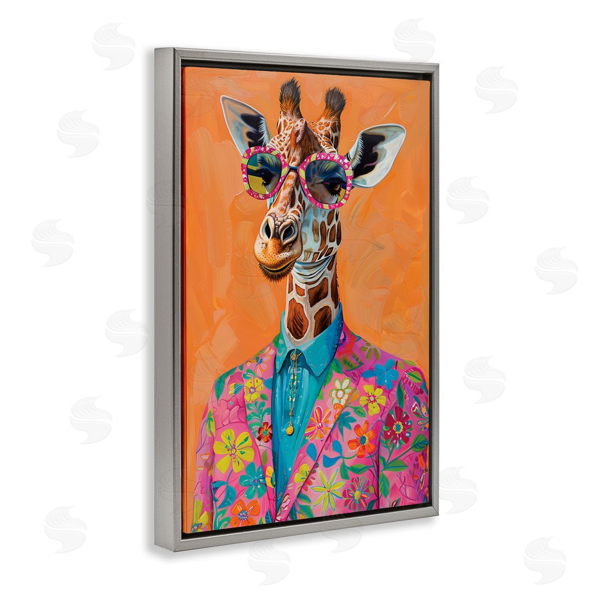 Bright & Trendy Giraffe in Suit Grey Floating Frame Canvas Wall Art, Home Decor by LSR Design Studio