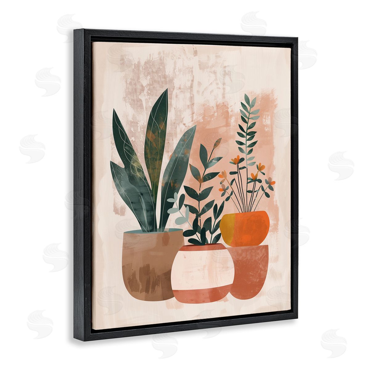 Earthy Boho Potted Plants Black Floating Frame Canvas Wall Art, Home Decor by LSR Creative Studio