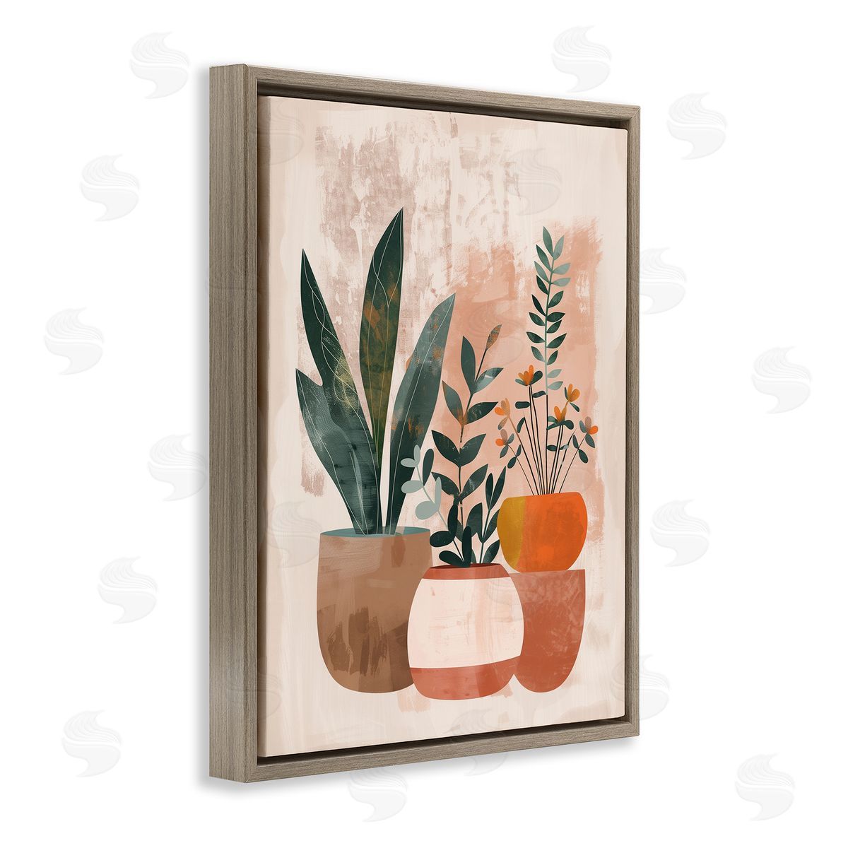 Earthy Boho Potted Plants Brown Floating Frame Canvas Wall Art, Home Decor by LSR Creative Studio