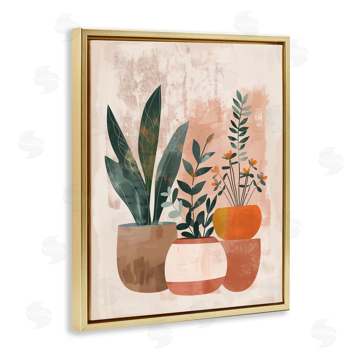 Earthy Boho Potted Plants Gold Floating Frame Canvas Wall Art, Home Decor by LSR Creative Studio