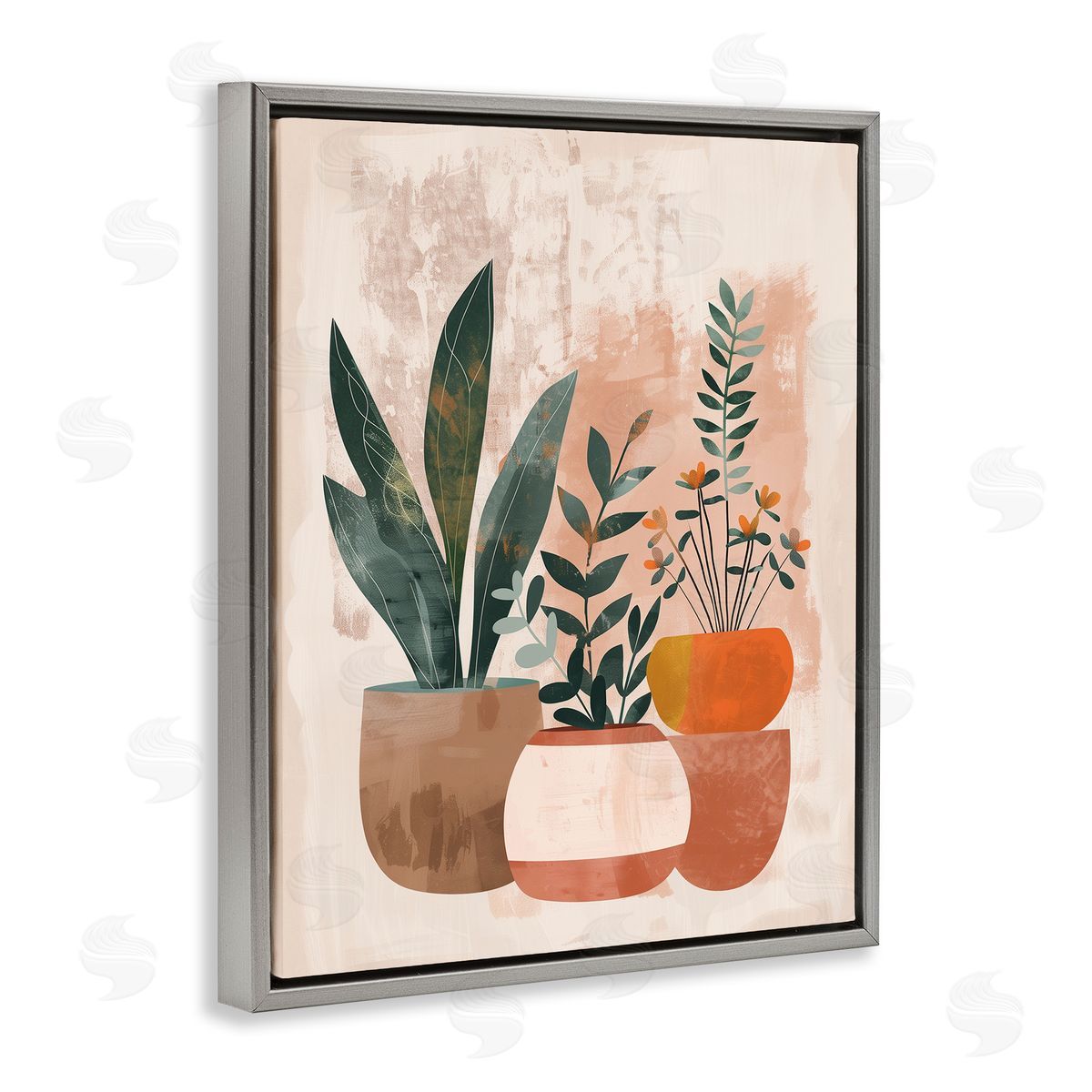 Earthy Boho Potted Plants Grey Floating Frame Canvas Wall Art, Home Decor by LSR Creative Studio