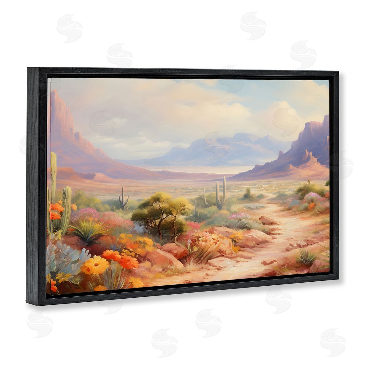 Flower Lined Desert Path Black Floating Frame Canvas Wall Art, Home Decor by Franklyn Gregory