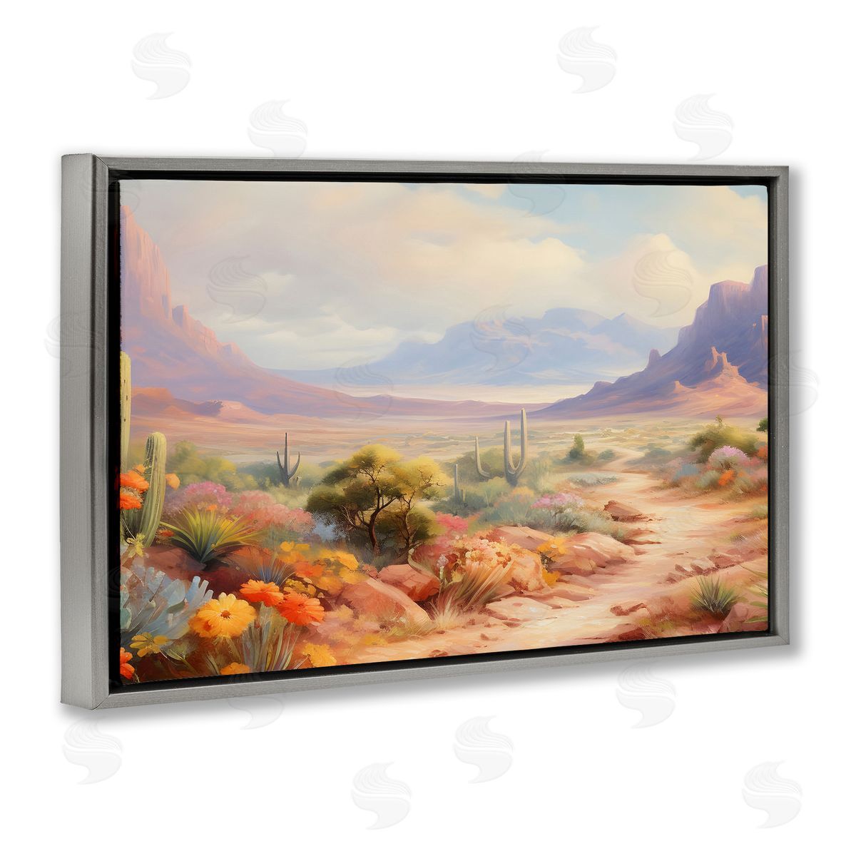 Flower Lined Desert Path Grey Floating Frame Canvas Wall Art, Home Decor by Franklyn Gregory