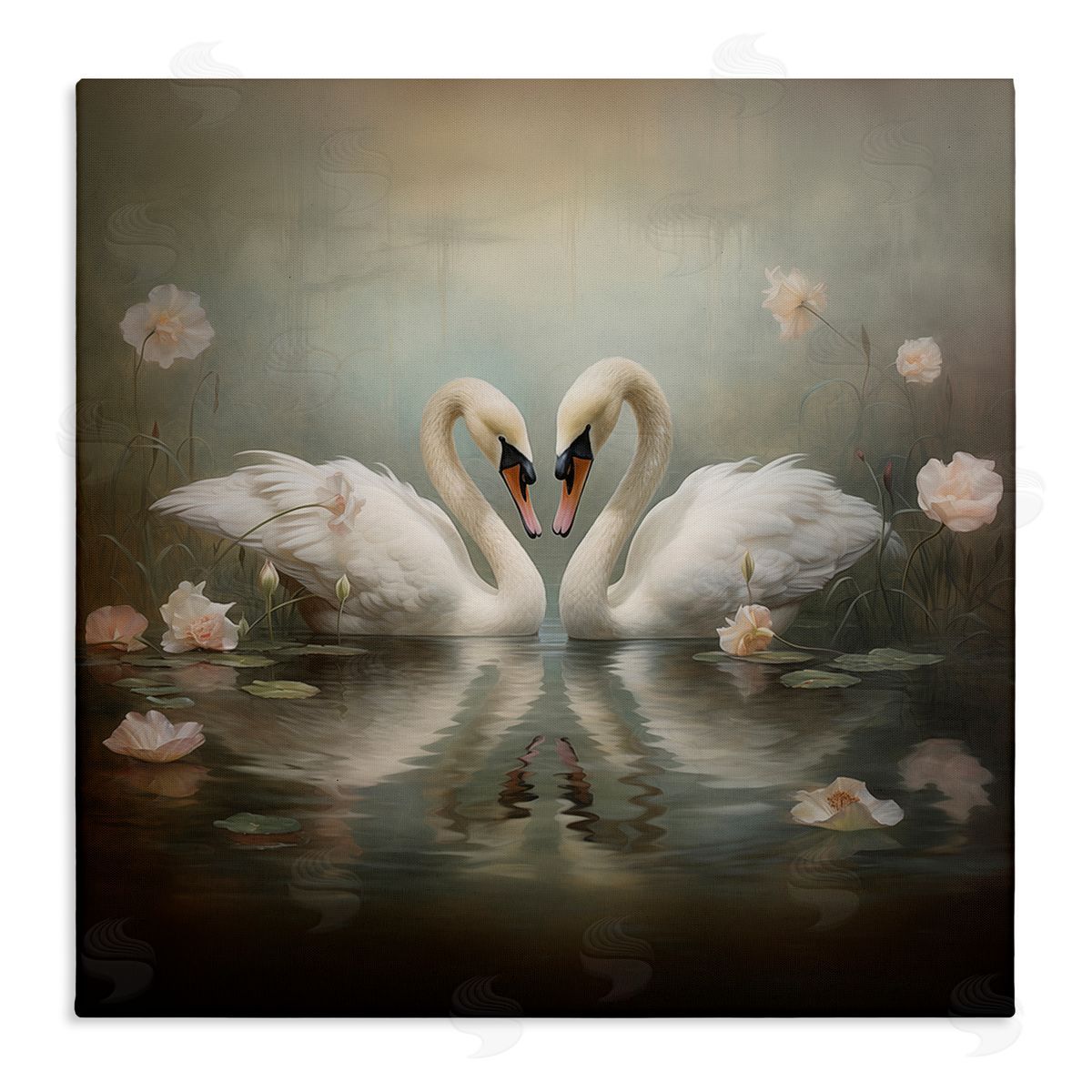 Romantic Swans in Floral Pond Canvas Wall Art, Home Decor by Arlington Prints