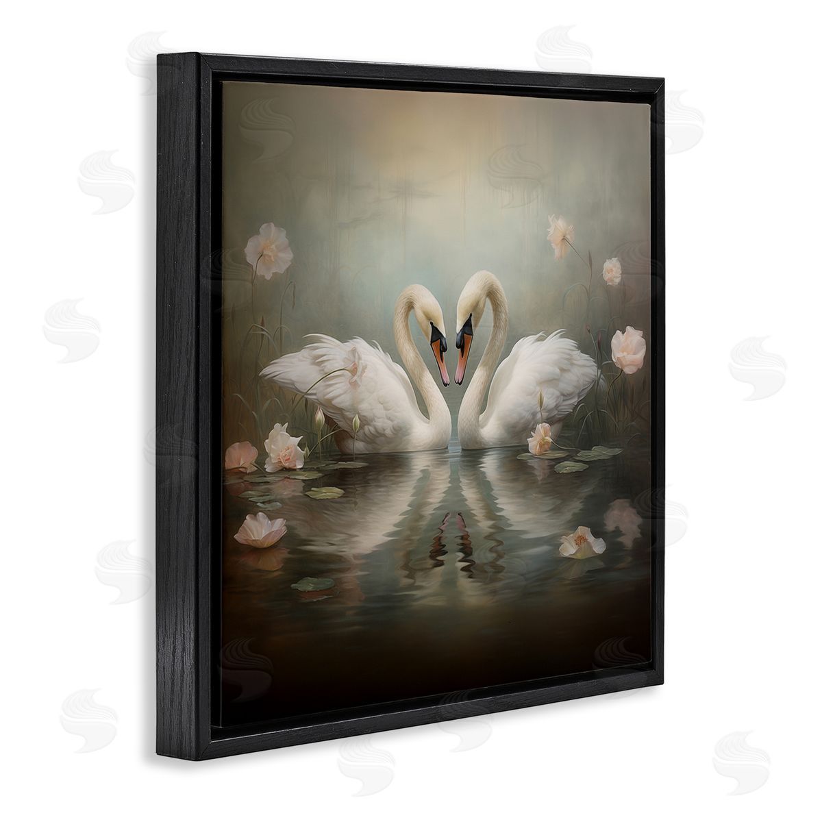 Romantic Swans in Floral Pond Black Floating Frame Canvas Wall Art, Home Decor by Arlington Prints