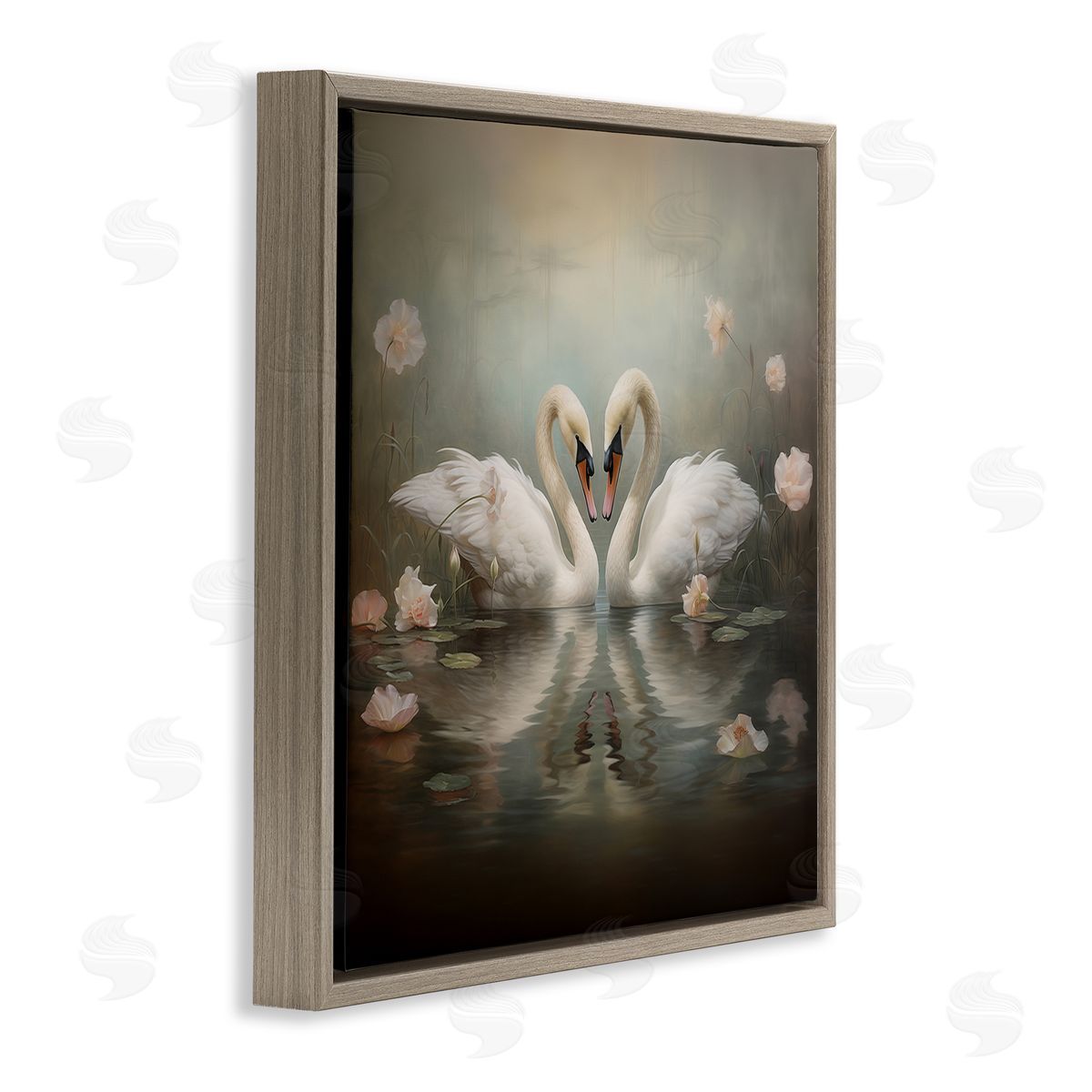 Romantic Swans in Floral Pond Brown Floating Frame Canvas Wall Art, Home Decor by Arlington Prints