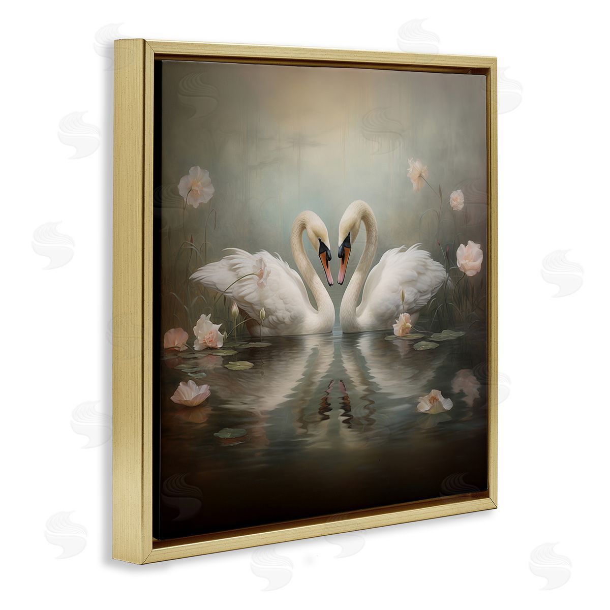 Romantic Swans in Floral Pond Gold Floating Frame Canvas Wall Art, Home Decor by Arlington Prints