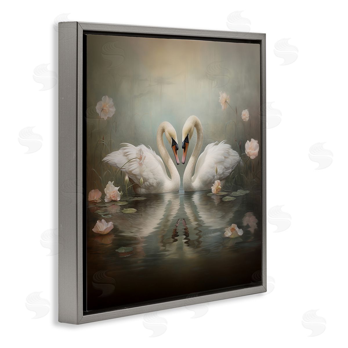 Romantic Swans in Floral Pond Grey Floating Frame Canvas Wall Art, Home Decor by Arlington Prints