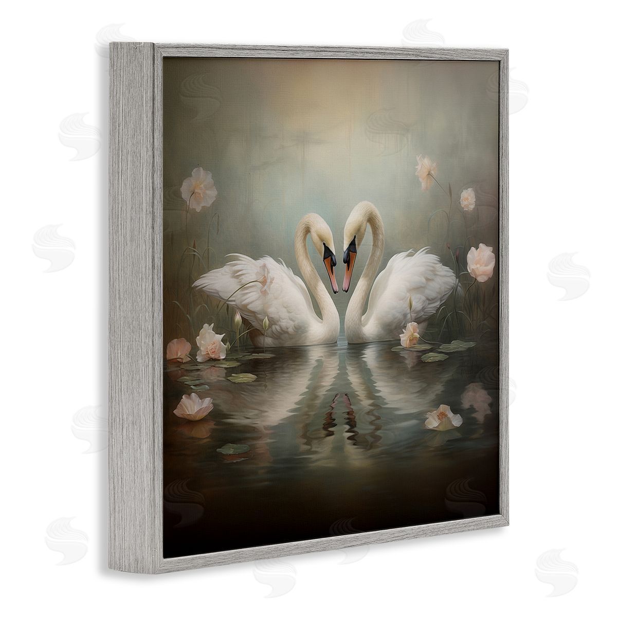 Romantic Swans in Floral Pond Grey Frame Print Wall Art, Home Decor by Arlington Prints