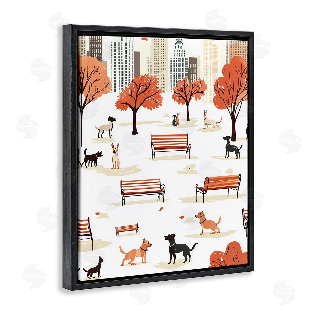 Autumn City Park Dogs Black Floating Frame Canvas Wall Art, Home Decor by Arlington Prints