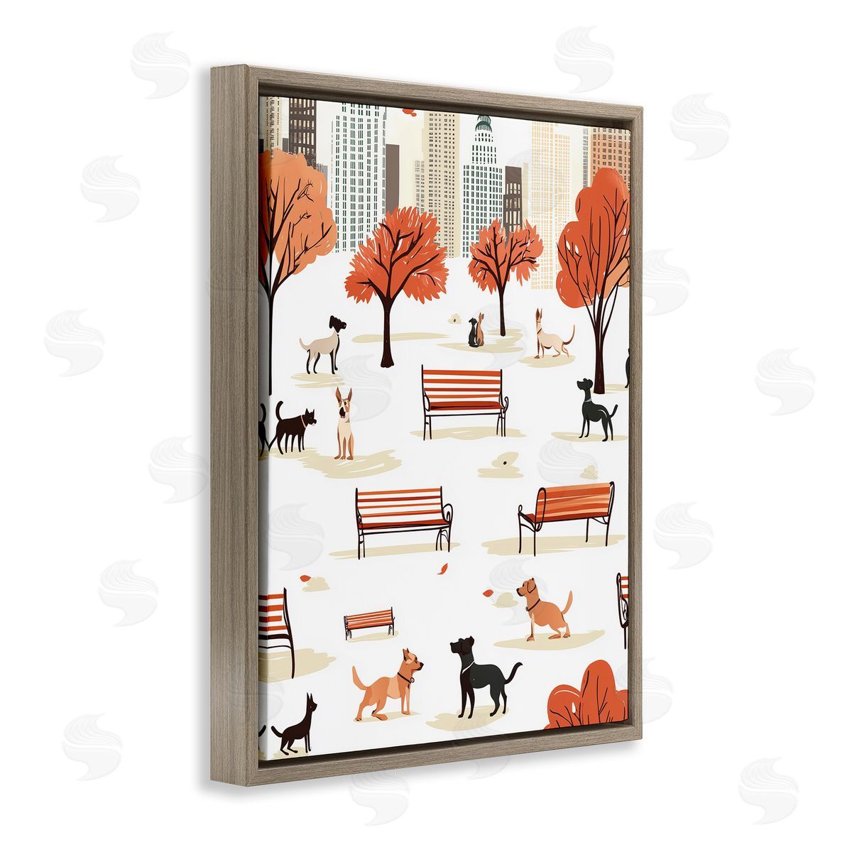 Autumn City Park Dogs Brown Floating Frame Canvas Wall Art, Home Decor by Arlington Prints