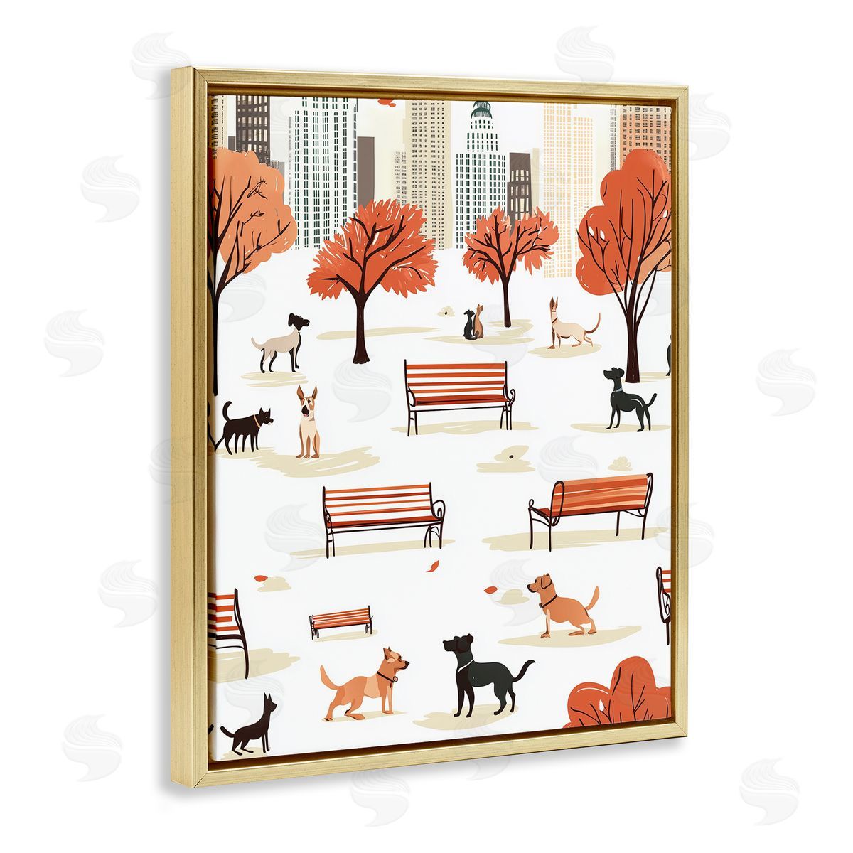 Autumn City Park Dogs Gold Floating Frame Canvas Wall Art, Home Decor by Arlington Prints