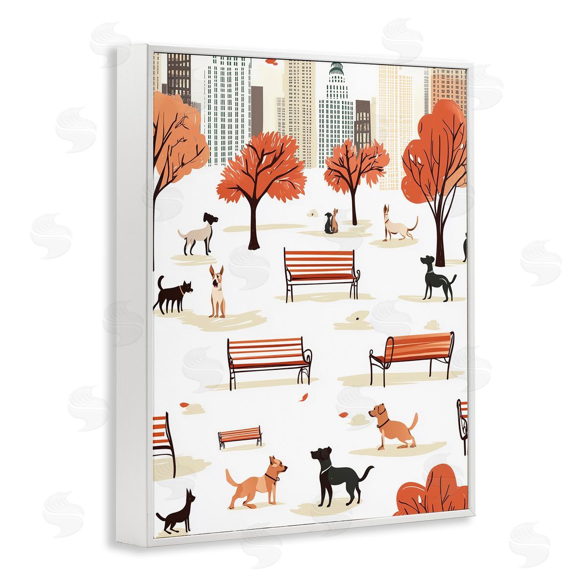 Autumn City Park Dogs White Frame Print Wall Art, Home Decor by Arlington Prints