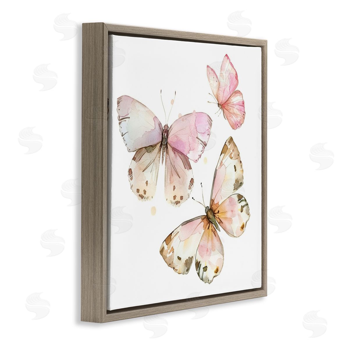 Soft Watercolor Butterfly Trio Brown Floating Frame Canvas Wall Art, Home Decor by LSR Creative Studio