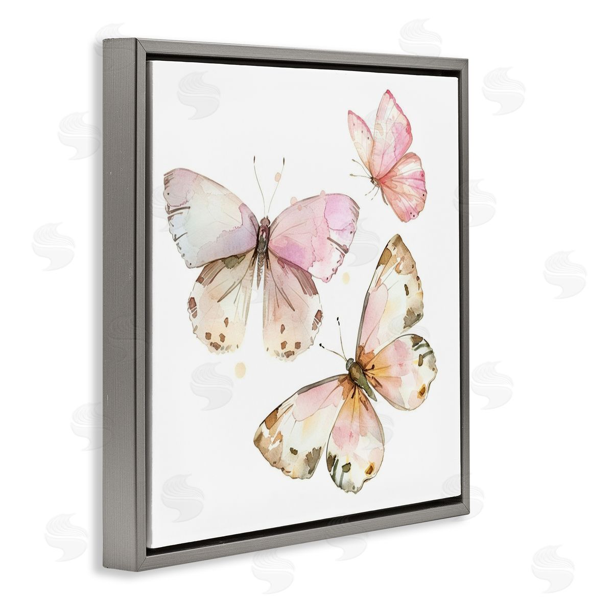 Soft Watercolor Butterfly Trio Grey Floating Frame Canvas Wall Art, Home Decor by LSR Creative Studio