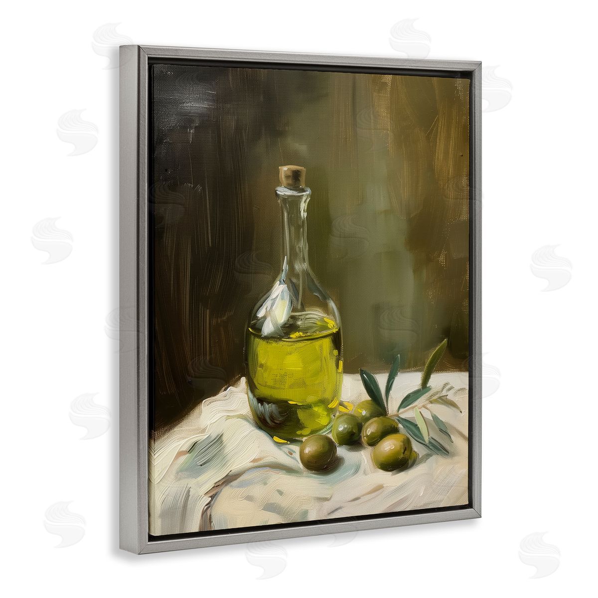 Olive Oil Still Life Grey Floating Frame Canvas Wall Art, Home Decor by Arlington Prints