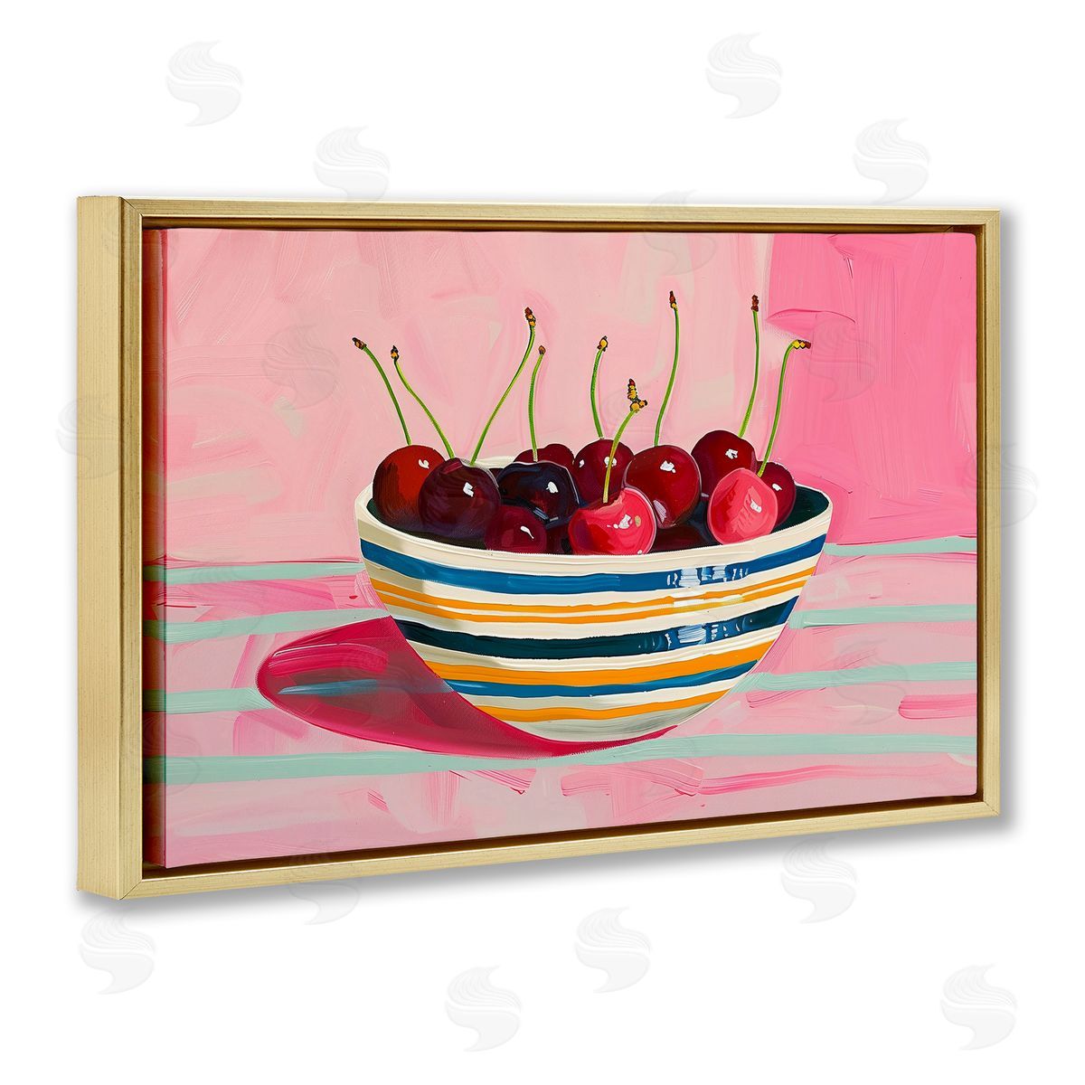 Bowl of Cherries on Pink Gold Floating Frame Canvas Wall Art, Home Decor by Arlington Prints