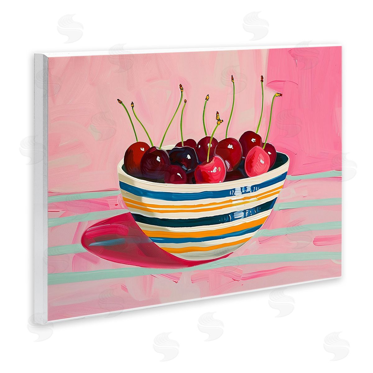Bowl of Cherries on Pink Wood Plaque Wall Art, Home Decor by Arlington Prints