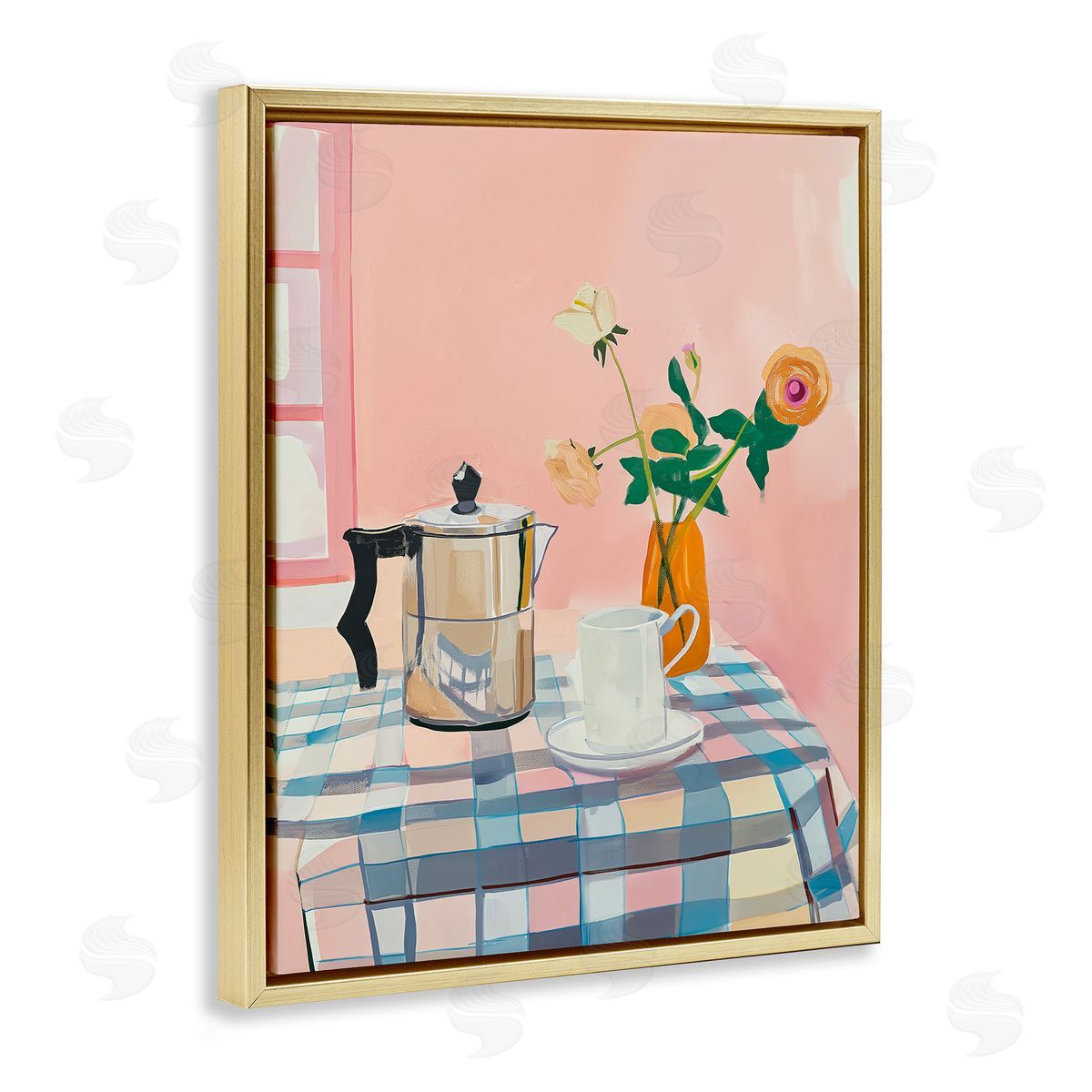 Pink Retro Kitchen Table Gold Floating Frame Canvas Wall Art, Home Decor by Arlington Prints