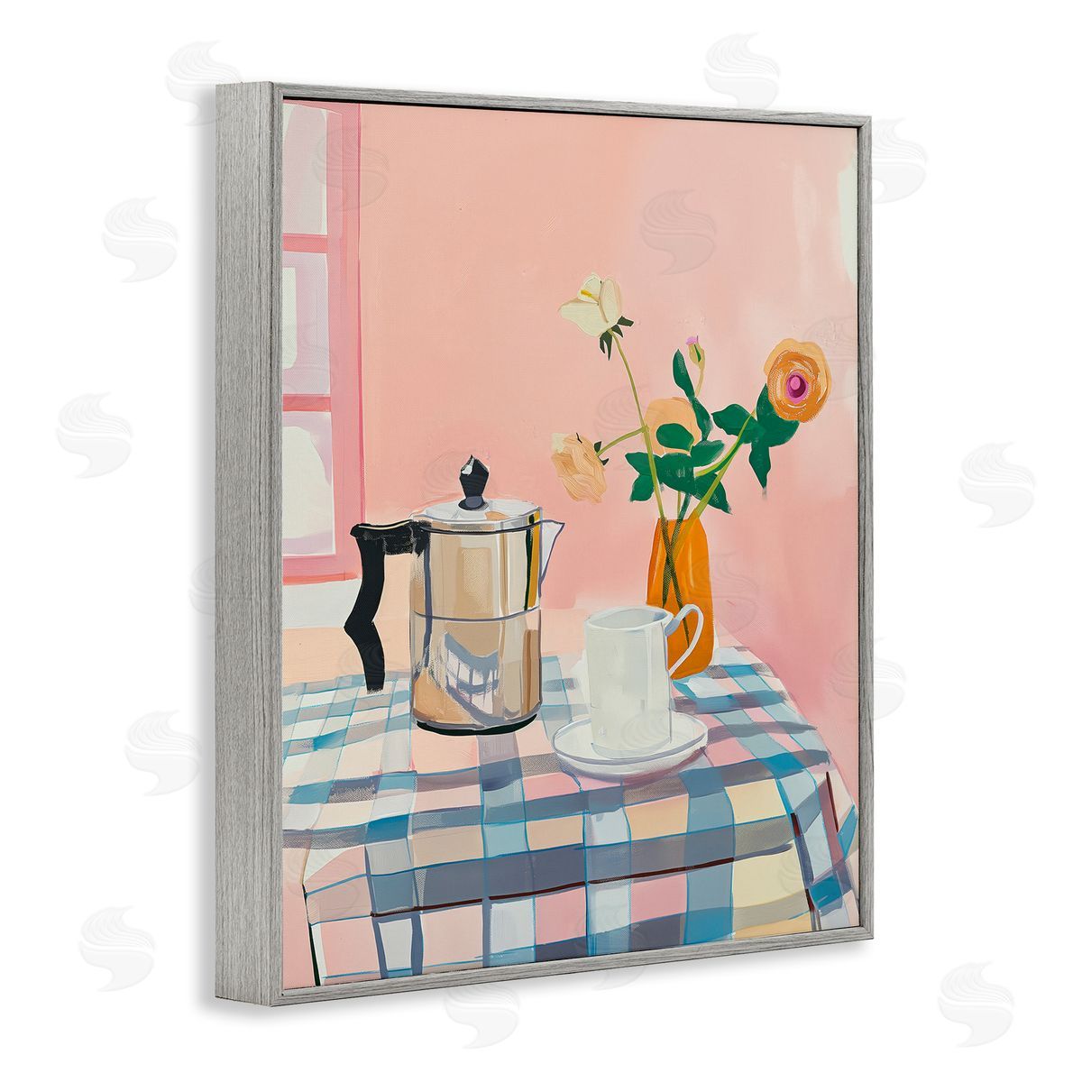 Pink Retro Kitchen Table Grey Frame Print Wall Art, Home Decor by Arlington Prints
