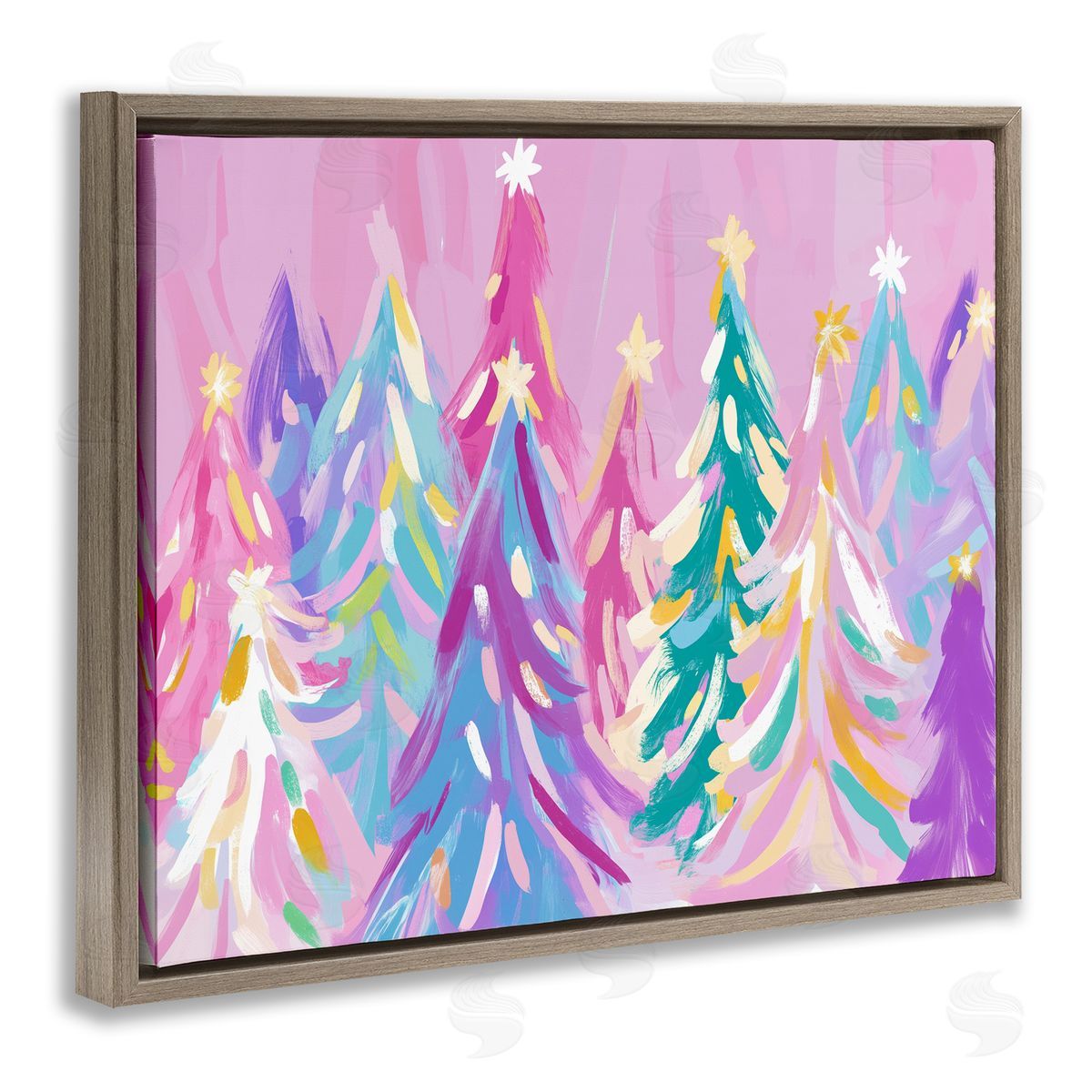 Pastel Christmas Trees Abstraction Brown Floating Frame Canvas Wall Art, Home Decor by Arlington Prints