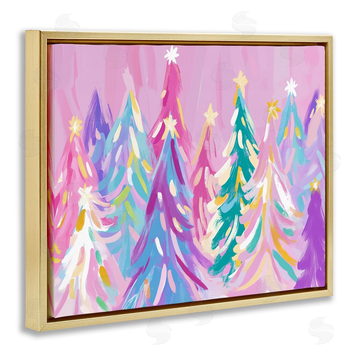 Pastel Christmas Trees Abstraction Gold Floating Frame Canvas Wall Art, Home Decor by Arlington Prints