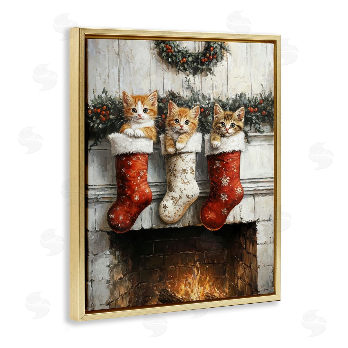 Christmas Kittens in Stockings Gold Floating Frame Canvas Wall Art, Home Decor by Arlington Prints