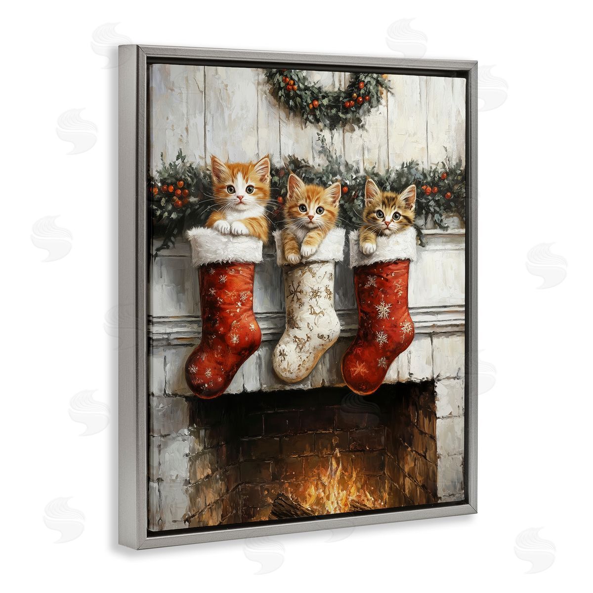 Christmas Kittens in Stockings Grey Floating Frame Canvas Wall Art, Home Decor by Arlington Prints