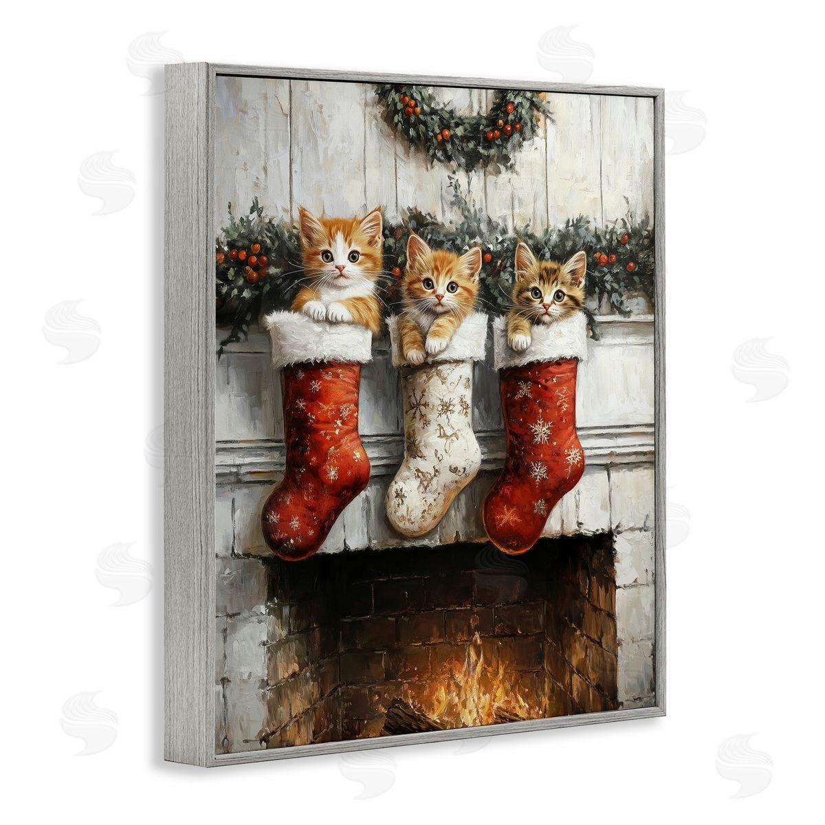 Christmas Kittens in Stockings Grey Frame Print Wall Art, Home Decor by Arlington Prints