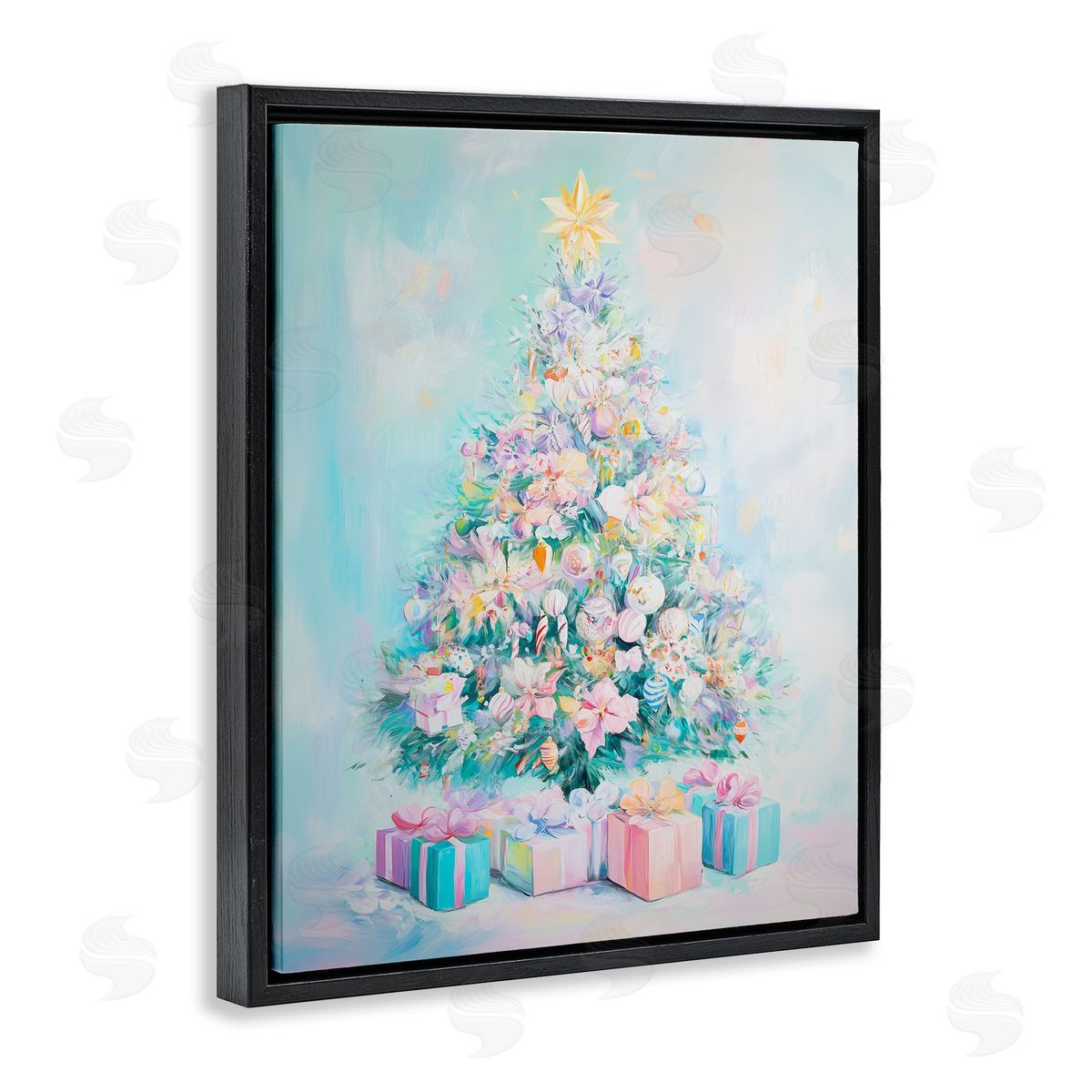 Pastel Christmas Tree on Blue Black Floating Frame Canvas Wall Art, Home Decor by Arlington Prints