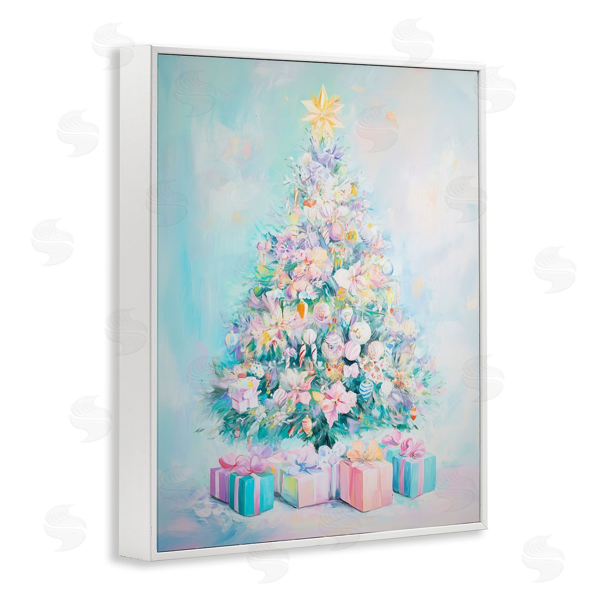 Pastel Christmas Tree on Blue White Frame Print Wall Art, Home Decor by Arlington Prints