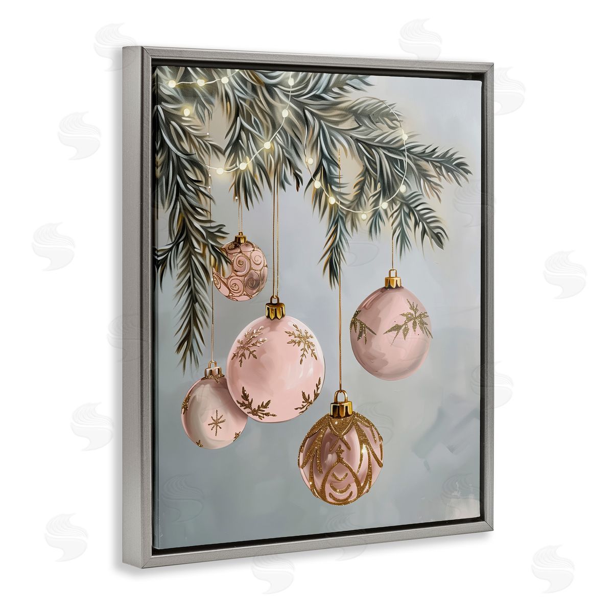 Pink Hanging Christmas Ornaments Grey Floating Frame Canvas Wall Art, Home Decor by Arlington Prints