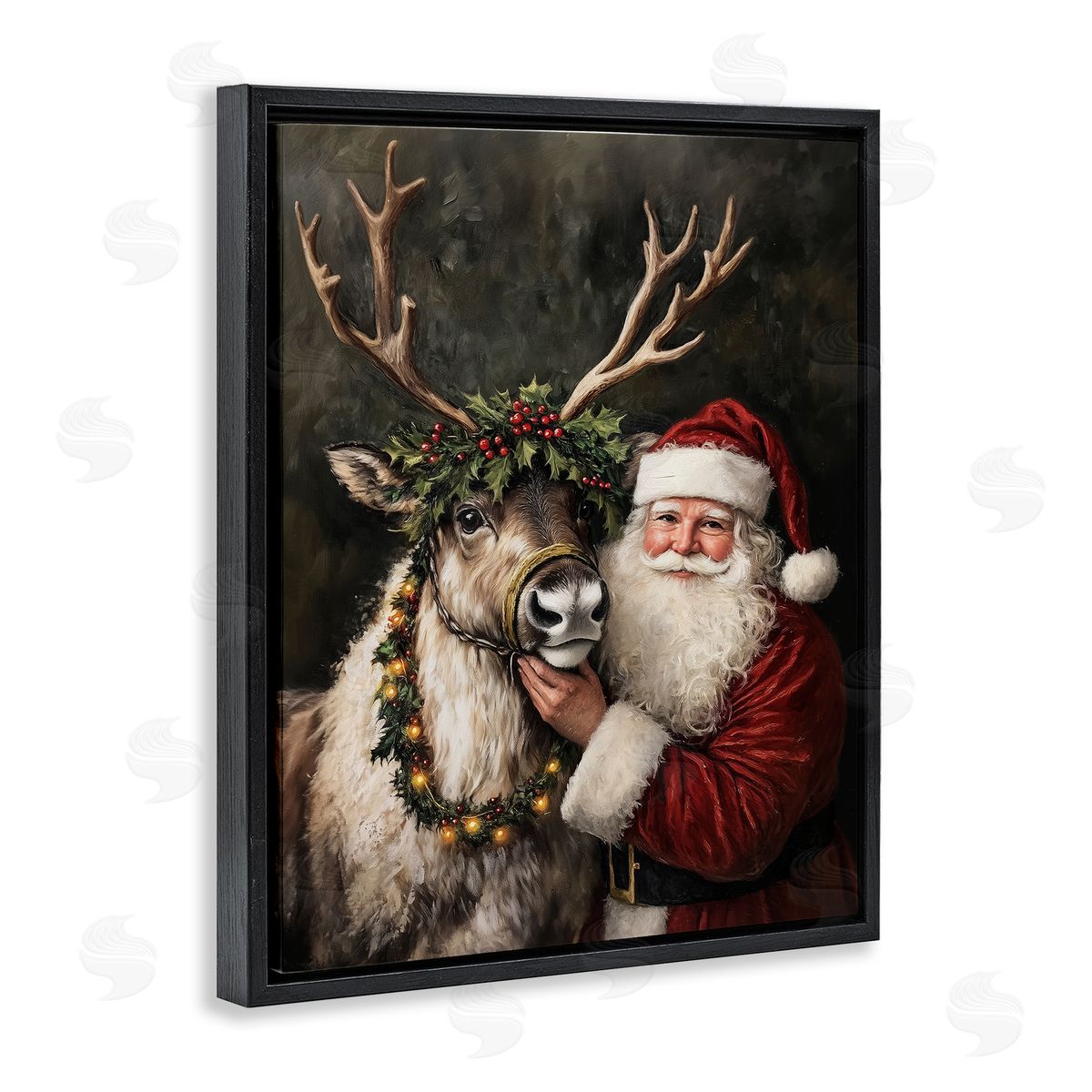 Santa & Reindeer Portrait Black Floating Frame Canvas Wall Art, Home Decor by Arlington Prints