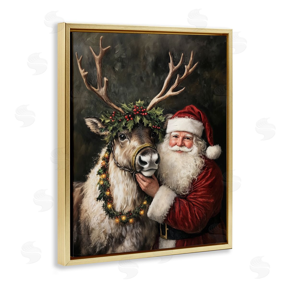 Santa & Reindeer Portrait Gold Floating Frame Canvas Wall Art, Home Decor by Arlington Prints