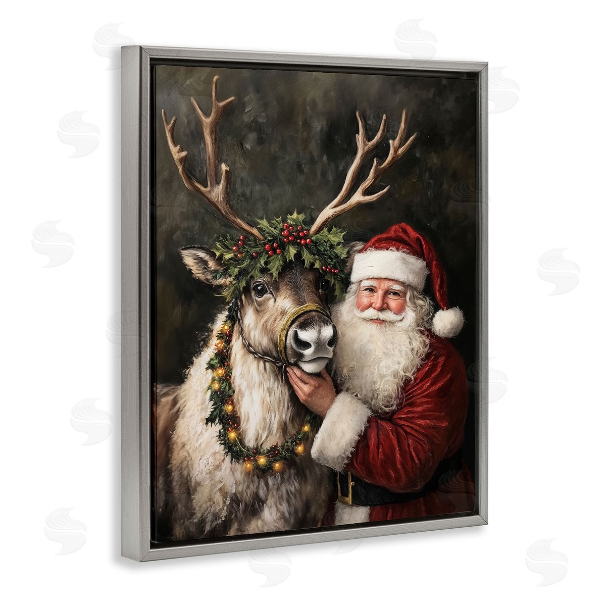 Santa & Reindeer Portrait Grey Floating Frame Canvas Wall Art, Home Decor by Arlington Prints