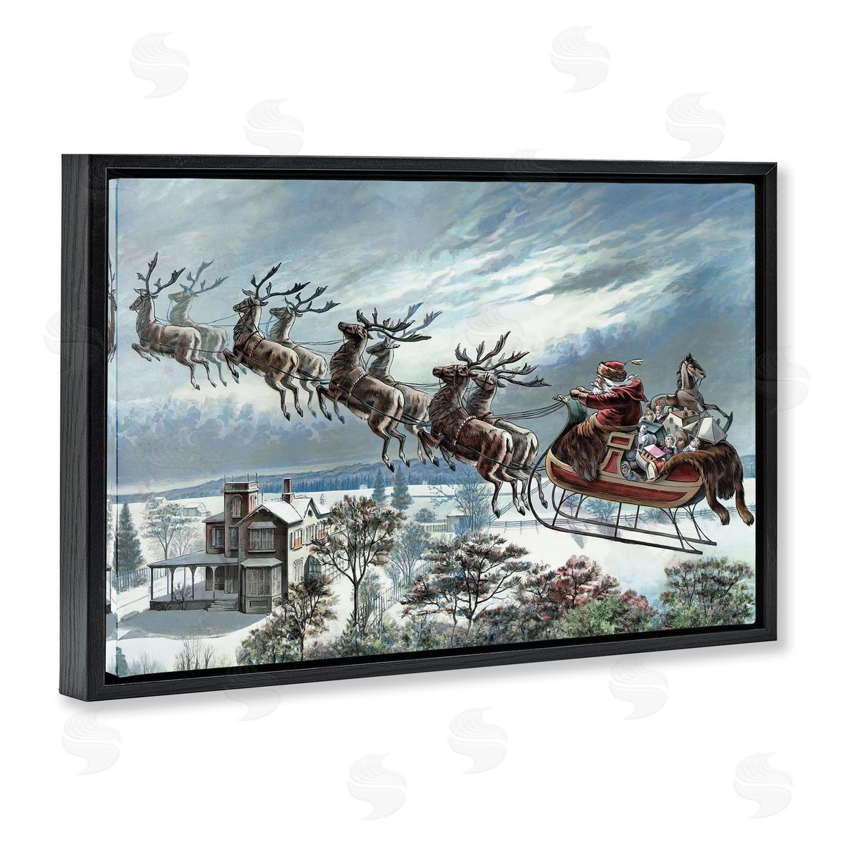 Santa's Sleigh over Town Black Floating Frame Canvas Wall Art, Home Decor by Arlington Prints