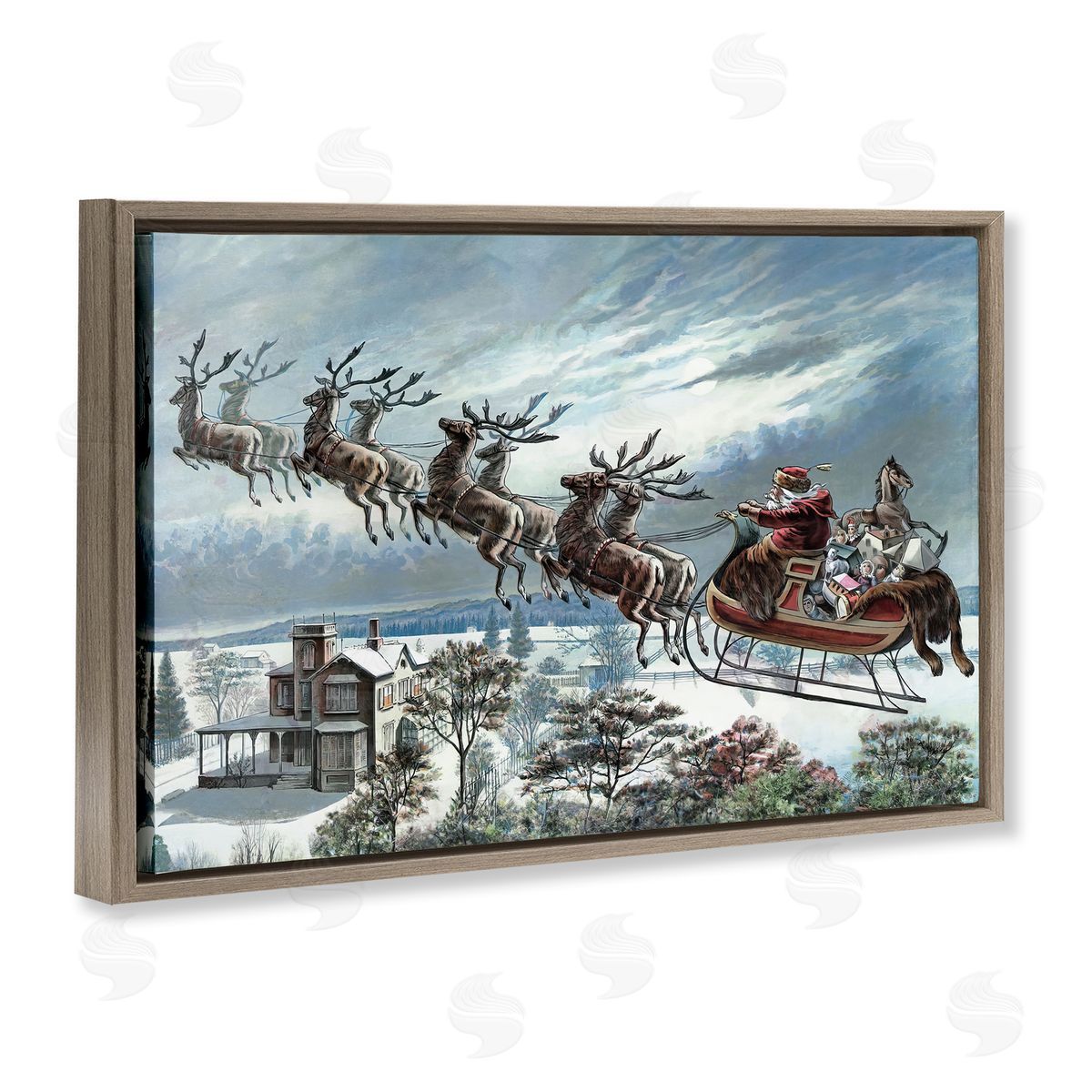 Santa's Sleigh over Town Brown Floating Frame Canvas Wall Art, Home Decor by Arlington Prints