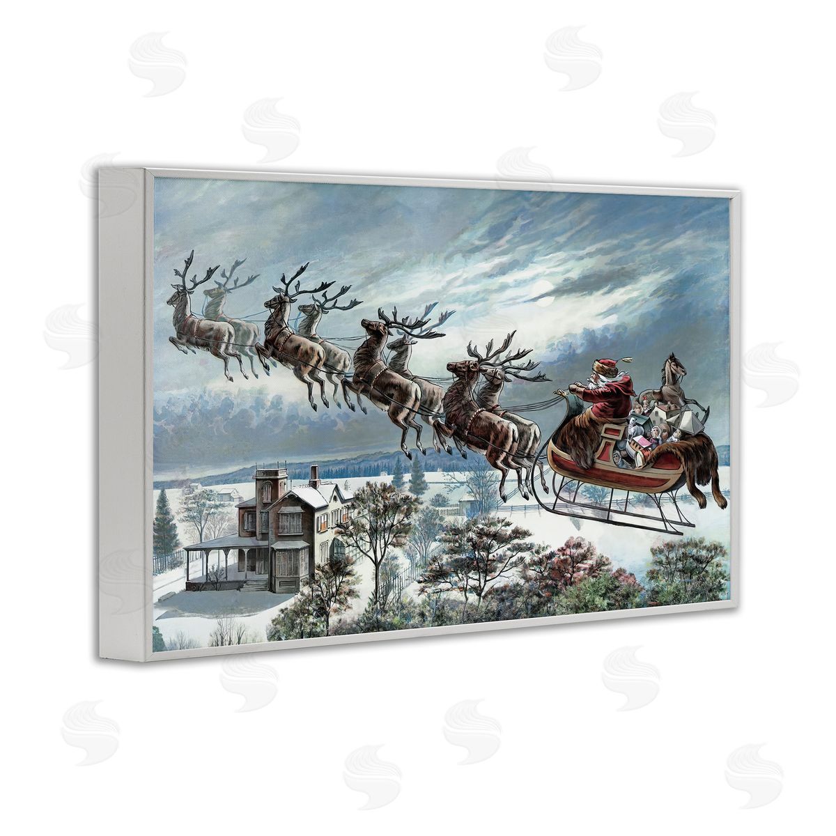 Santa's Sleigh over Town White Frame Print Wall Art, Home Decor by Arlington Prints