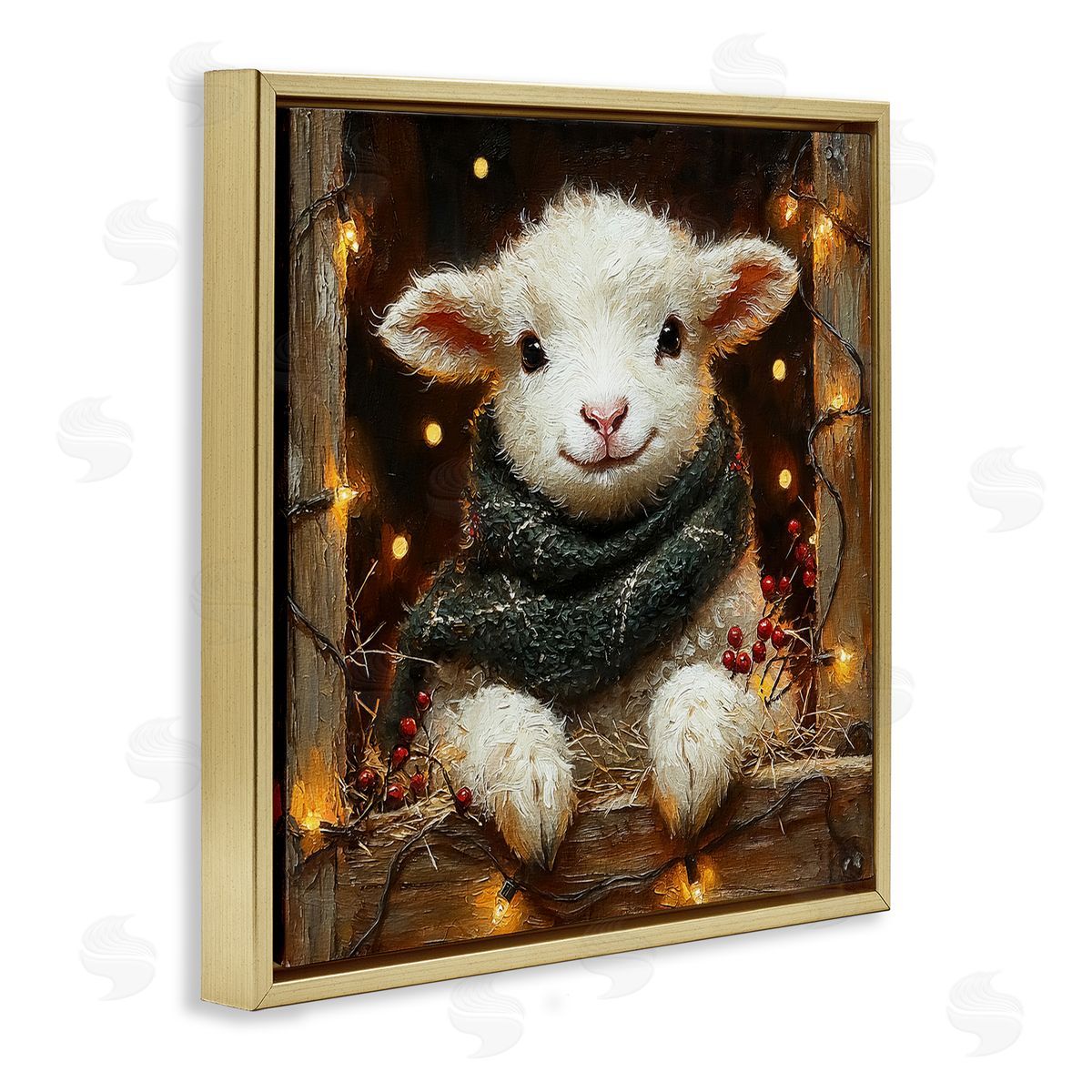 Festive Lamb with Holiday Lights Gold Floating Frame Canvas Wall Art, Home Decor by Riley B